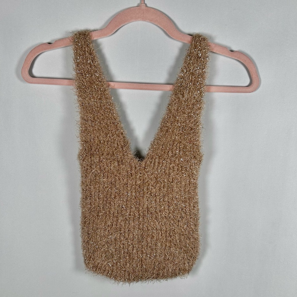 Urban Outfitters Fuzzy Tan & Gold Metallic Knit Tank Top - NWT